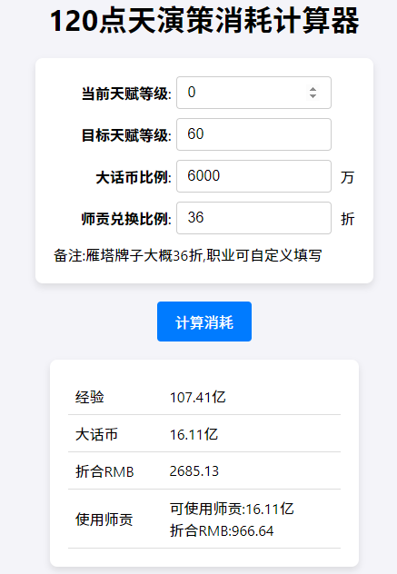 120点天演策消耗计算器-全网首发-西游2.人
